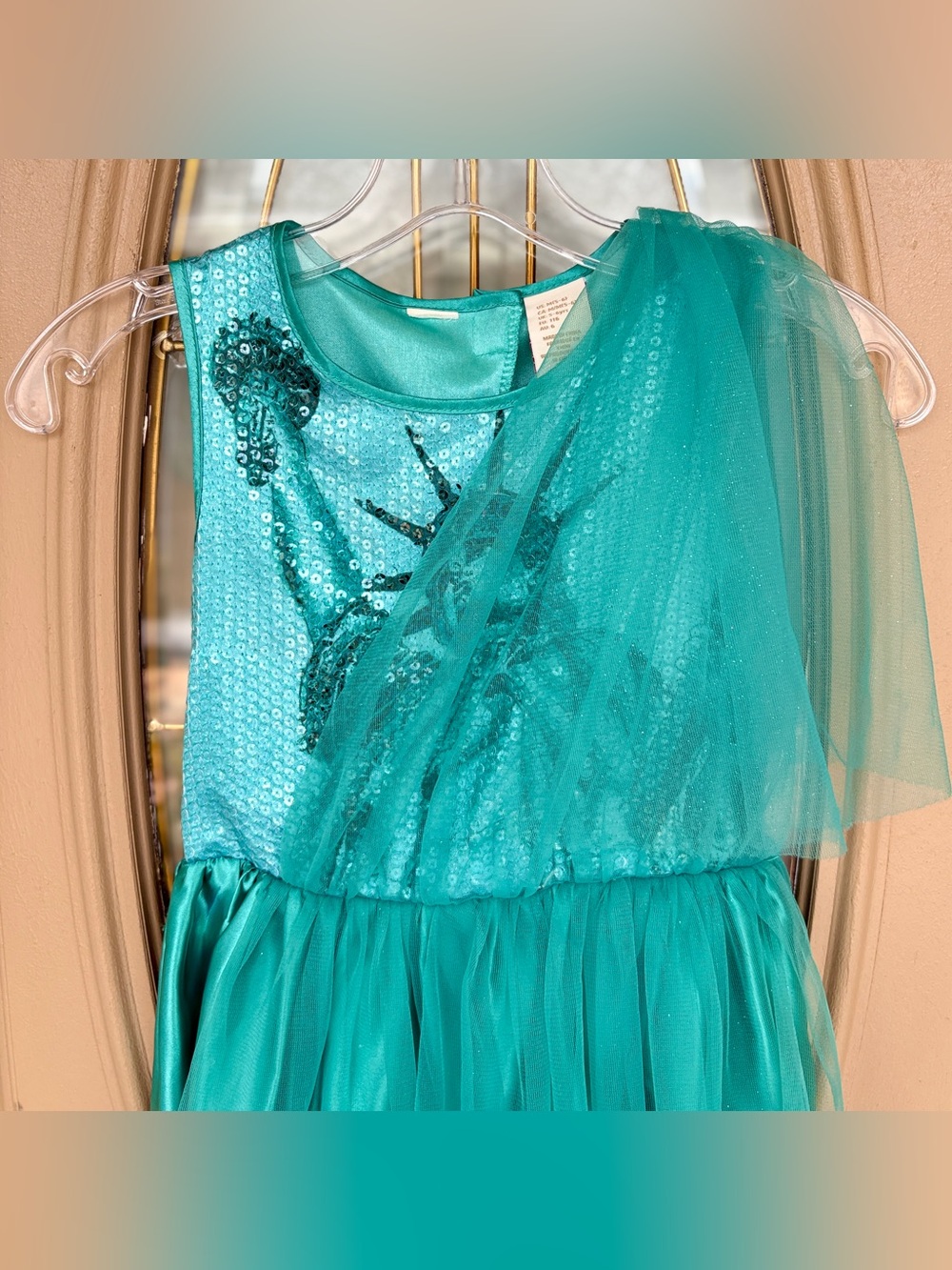 Girls Teal Blue Statue Of Liberty Dress Gown Size M Satin Tulle Sequins Costume - Picture 5 of 12